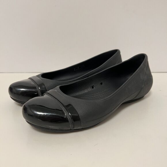 Crocs Shoes Womens 6 Black Ballet Flats Cap Toe Patent Shoes Casual Waterproof - Picture 4 of 11
